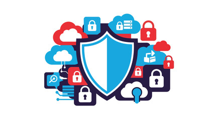 Flat cybersecurity illustration with shield icon protecting files and cloud data, ideal for digital safety education, IT security campaigns, and online protection content