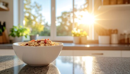 Healthy Breakfast Bowl on Kitchen Counter with Sunlit Background Oatmeal, Berries, and Good Start
