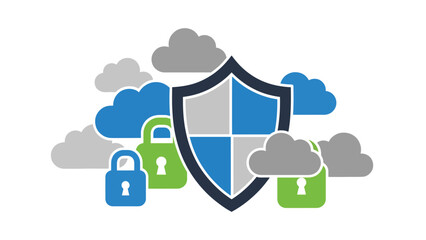 Flat cybersecurity illustration with shield icon protecting files and cloud data, ideal for digital safety education, IT security campaigns, and online protection content