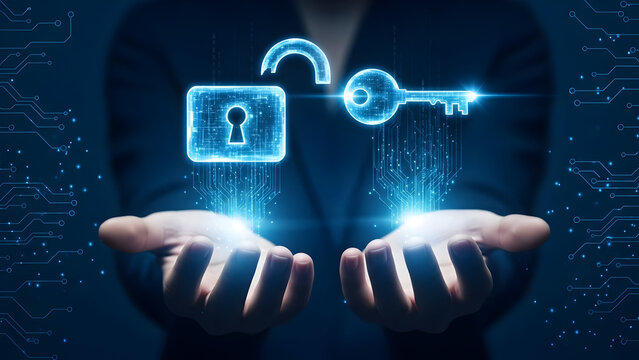 A business person holding a holographic key and unlocked padlock, representing a breakthrough in digital security and access management