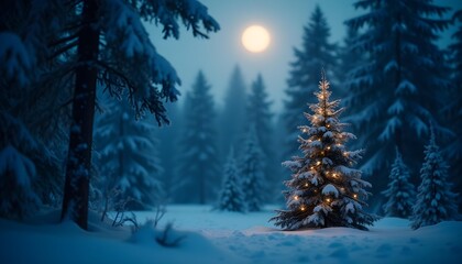 enchanted winter forest at night, glowing moonlight, sparkling snow falling, soft blue tones, magical atmosphere, subtle Christmas vibe, detailed pine trees covered in snow, dreamy depth of field, 4k 