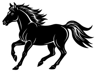 Stylized black silhouette of a galloping horse with flowing mane and tail