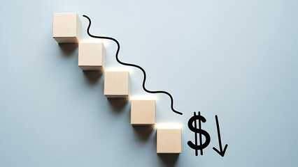 Wooden blocks forming a downward trend graph with a dollar sign and arrow