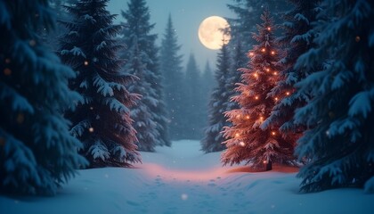 enchanted winter forest at night, glowing moonlight, sparkling snow falling, soft blue tones, magical atmosphere, subtle Christmas vibe, detailed pine trees covered in snow, dreamy depth of field, 4k 