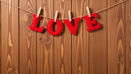 Red felt letters spelling L O V E hang on clothesline against wood background love word