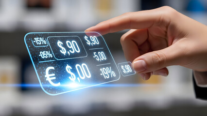 Obraz premium Futuristic holographic display showing prices and currency symbols in a modern setting