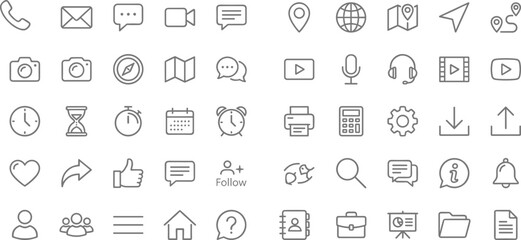 Minimalist communication, navigation, media, social interaction, productivity, and interface icon set designed for modern apps, digital platforms, user experience tools, and web design