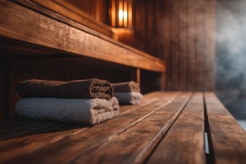 Close-up of sauna interior, wooden benches with towels, gentle steam, warm glowing light, serene and inviting atmosphere, minimalistic spa aesthetic, high-resolution, cozy wellness mood. 