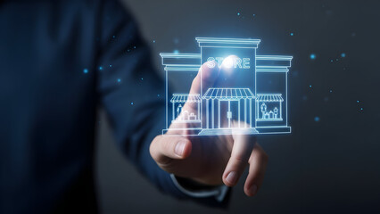 Digitalization of retail Hand touching a futuristic store icon symbolizing e-commerce and online business growth