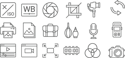 Fototapeta premium Minimalist photography and videography icon set featuring camera settings, editing tools, equipment, media production symbols, and creative elements for modern digital design