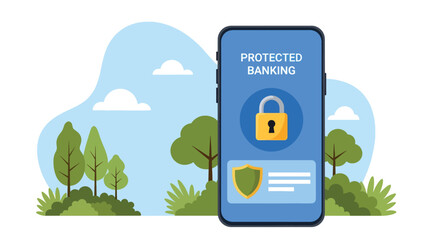 Flat vector secure mobile banking scene with shield icon and verified payment, ideal for fintech safety content and financial cyber protection visuals