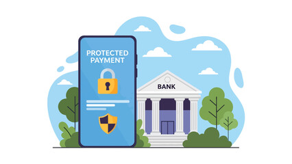 Flat vector secure mobile banking scene with shield icon and verified payment, ideal for fintech safety content and financial cyber protection visuals