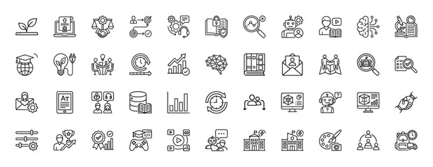 Fototapeta premium Education and learning line icon set. Vector pictograms of graduation cap, brain, microscope, books, and development, thin linear illustration.