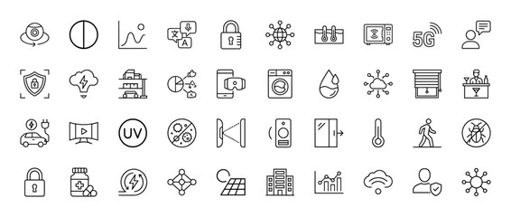 Smart home and internet of things line icon set. Vector pictograms of security, automation, and connection, thin linear illustration.