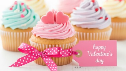 Pink and pastel cupcakes with hearts and Valentines Day tag dessert sweet