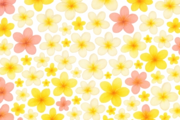 Plumeria frangipani flowers creating a tropical floral pattern, transparent background with yellow, pink, and white blooms