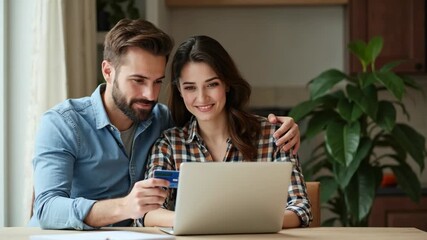 Smiling young couple using laptop and credit card for online shopping in cozy home environment. E-commerce, secure payment, and convenience concept. Natural light, casual setting. - Powered by Adobe