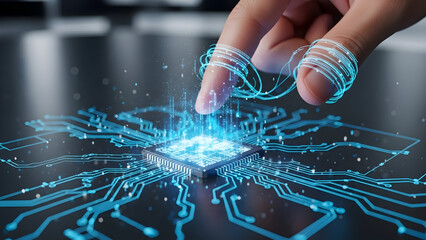 Digital Connection Hand Interacting with a Microchip, Representing Technology and Innovation
