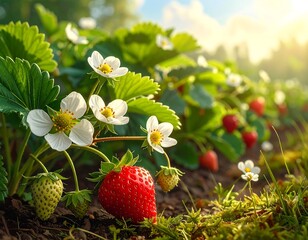 Lush strawberry patch with ripe fruit and delicate white blossoms in sunlight