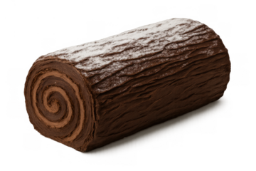 Chocolate yule log cake representing a traditional festive dessert, featuring a rich swirl and powdered sugar on a transparent background