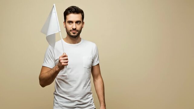 Young caucasian man holding a white flag. Person in casual attire showing protest or surrender. Blank space for message on flag.