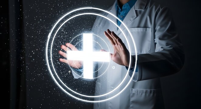 Doctor interacting with glowing medical cross hologram for healthcare innovation