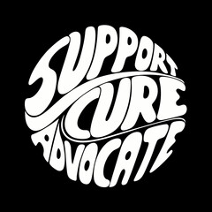 White Support Cure Advocate text in a circle on black background