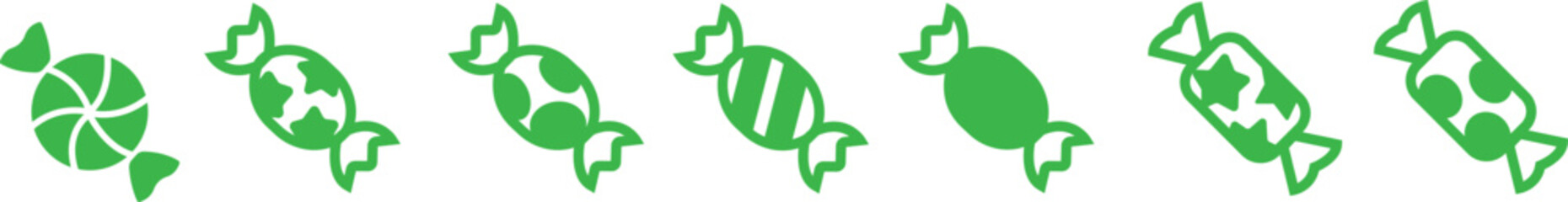 Candy sweets icon set collection group in colorful flat line style featuring confection, dessert, treat, bonbon, sugar, snack and related synonym elements for holiday graphics, packaging, party design