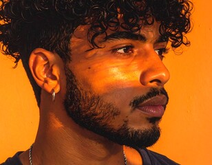 Introspective gaze: A portrait of a young man bathed in warm, vibrant light