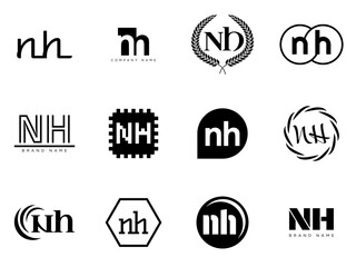 NH logo company template. Letter n and h logotype. Set different classic serif lettering and modern bold text with design elements. Initial font typography.