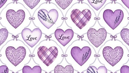 Seamless pattern of purple watercolor hearts with lavender and plaid designs love