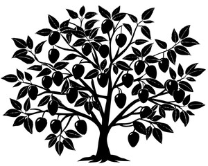 Obraz premium Black silhouette of a fruit tree with ripe plums and leaves