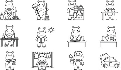 Cute hippo character doing daily household activities in black and white outline style, adorable animal chores illustration for kids coloring page, flat vector illustration