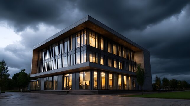 A modern illuminated office building against a dramatic stormy twilight sky