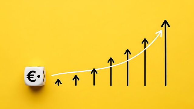 Euro currency symbol on a cube with an upward trending graph representing financial growth