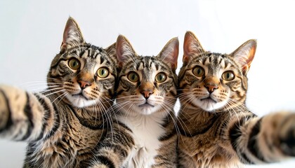 Obraz premium A close-up of three tabby cats with expressive eyes, looking directly at the camera against a white background