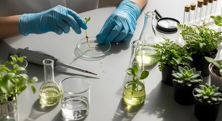 Scientist in blue gloves conducting plant research in a laboratory setting