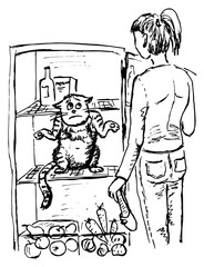 A thief cat sitting inside a refrigerator and his surprised owner. Hand drawn sketch, vector.