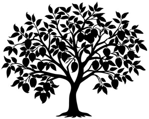 Obraz premium Black silhouette of a fruit tree with leaves and ripe fruits