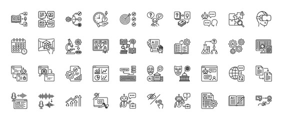 Education, ai, and technology line icon set. vector pictograms of learning, coding, research, development, and virtual reality, thin linear illustration.