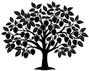 Obraz premium Black silhouette of a fruit tree with leaves and ripe fruits