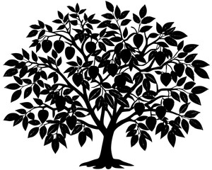 Obraz premium Silhouette of a fruit tree with mangoes and leaves on a white background
