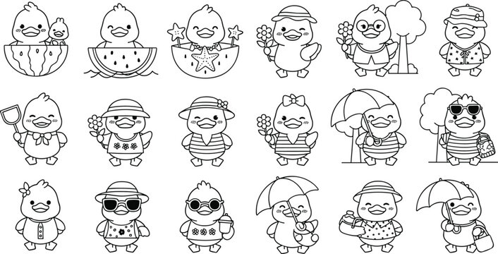 Cute summer duck characters in various holiday activities, adorable cartoon line art collection for coloring pages and kids designs &ndash; flat vector illustration