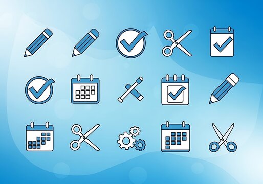 Collection of various icons representing tasks and scheduling on a blurred blue background