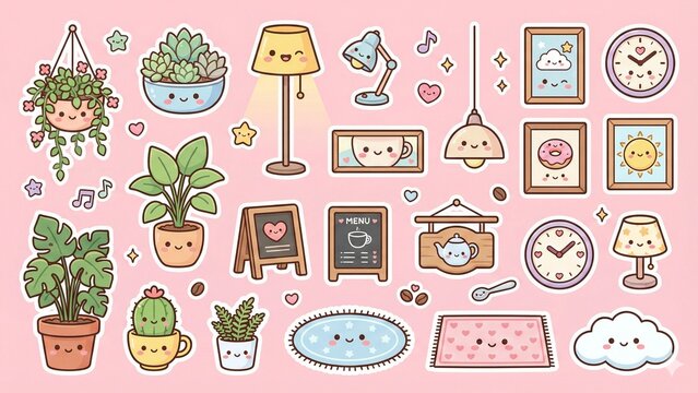 Kawaii Decor Elements Cute Plants, Lamps, Clocks, and Cafe Signs for a Whimsical Aesthetic