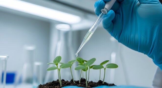Scientist in blue gloves adds liquid to seedlings in a laboratory setting