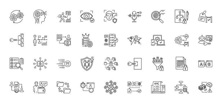 Cybersecurity and data protection line icon set. vector pictograms of face id, key access, secure network, and kyc form, thin linear illustration.