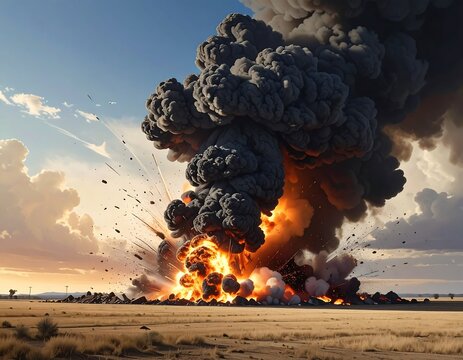 Explosive detonation engulfs arid land in a turbulent cloud of smoke against a partly cloudy sky