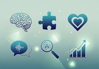 Brain puzzle heart chat magnifying glass and growth chart icons for business and education