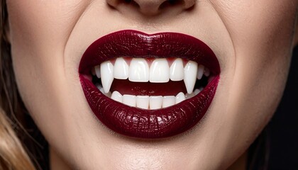 Obraz premium A close-up shows glossy, dark red lips parted to reveal sharp, white vampire fangs and teeth, set on fair skin